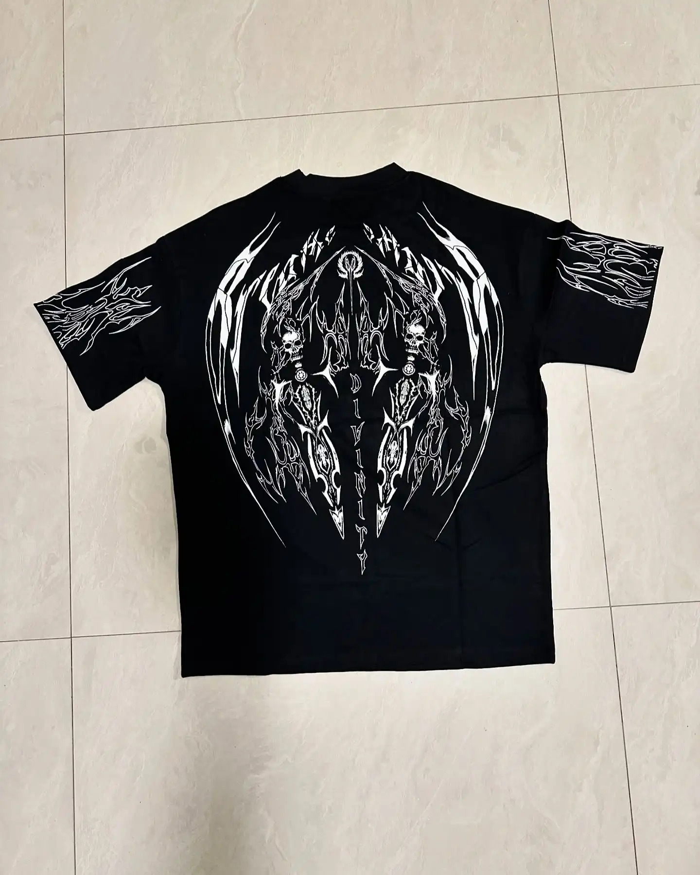 Fashionable street retro round neck pure cotton double-sided oversized printed pattern top personalized Y2K T-shirt 250227