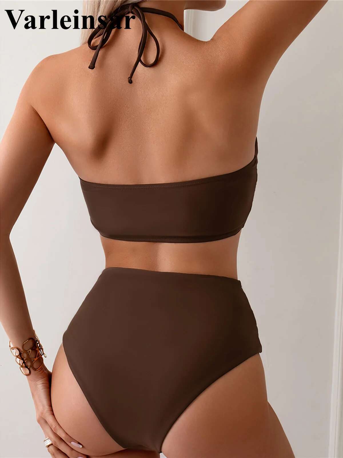 Halter Wrinkled Neck Female Swimsuit High Waist Women Swimwear Two-Pieces Bikini Set Bather Bathing Suit Swim V5616