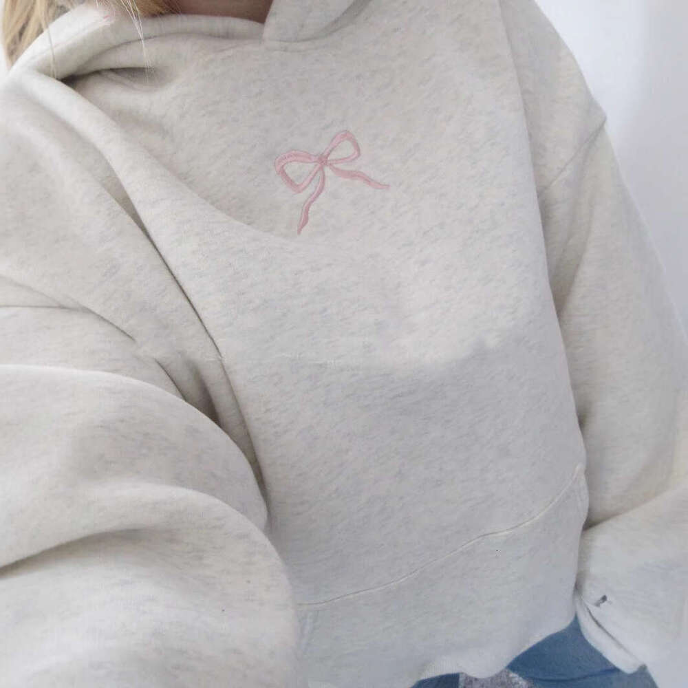 American trend new cotton minimalist floral letter bow pattern gray pullover hoodie top