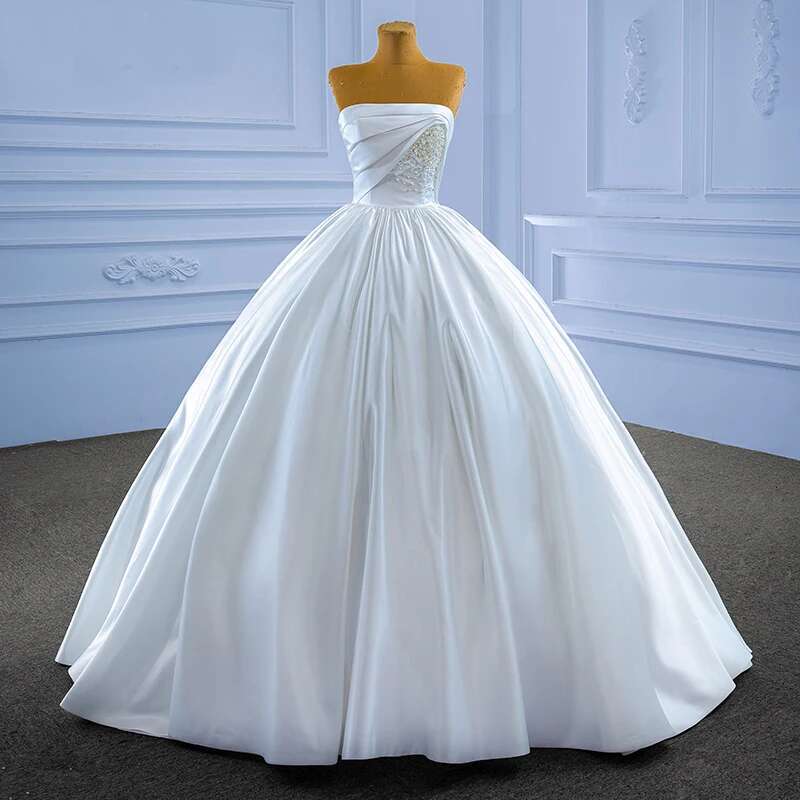 Simple Strapless Satin Custom Lace Up Back Crystal Upper Court Train Wedding Dress Woman Dresses Novia
