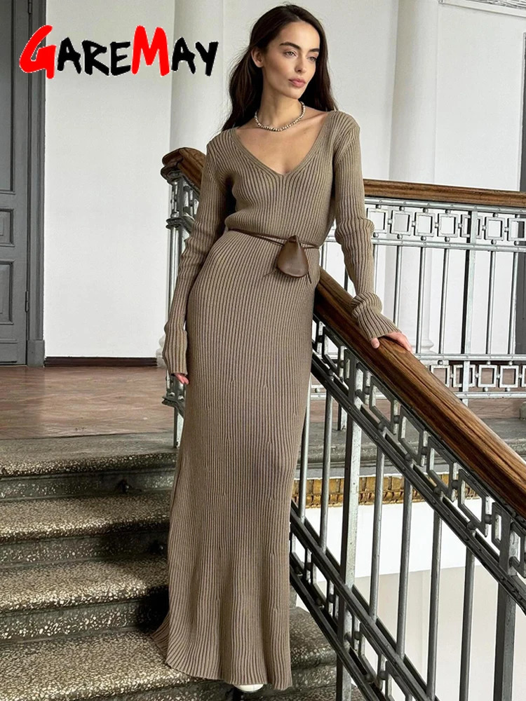Winter Warm Womens Knitted Dress Elegant V-neck Thick A-line Dress Brown Long Sleeve Retro Midi Womens Casual Dress 250226