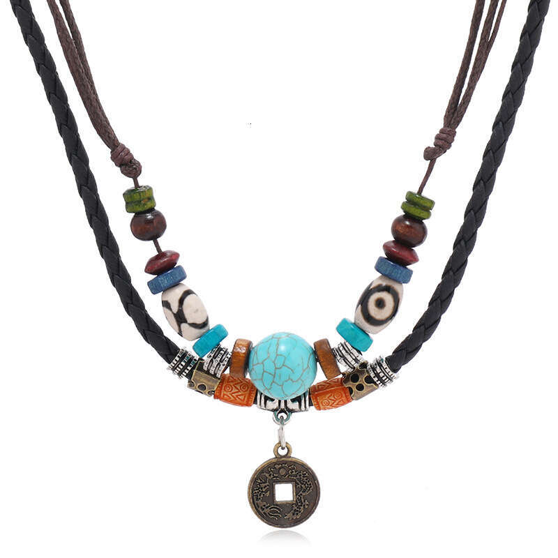 Wind multi-layer turquoise beaded woven leather with personalized alloy antique copper coin pendant for men's necklace