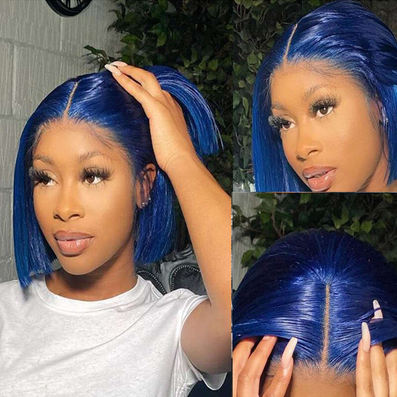 HD Front Lace Wig Front Lace Wig For Women Short Hair Inner Button Synthetic Full Head Cover Bob Blue Wigs