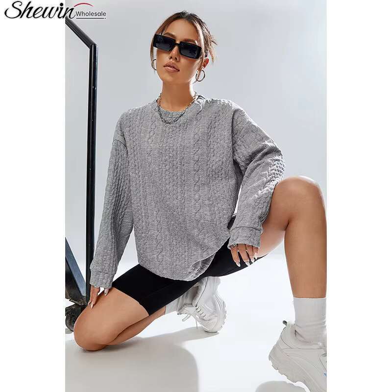 Shewin Dropshipping Neck Woman Fashion Loose Casual Pullovers Women Sweater Crew Sweatshirt