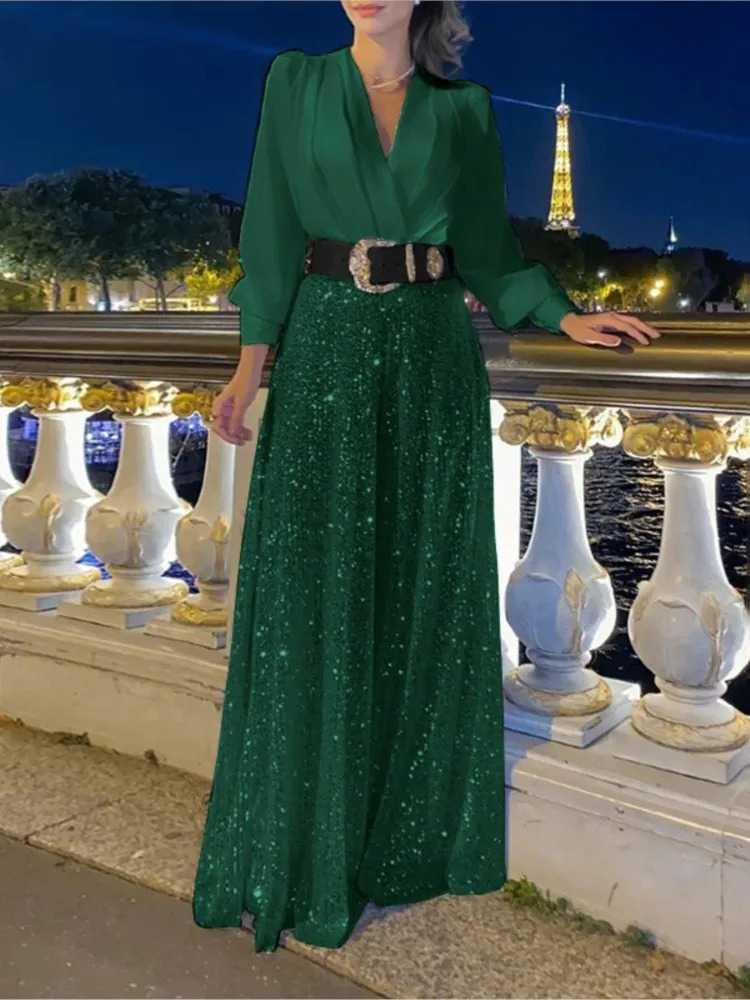 Womens autumn V-neck long sleeved elegant and sexy V-neck waist slimming sequin wide leg jumpsuit set 250225