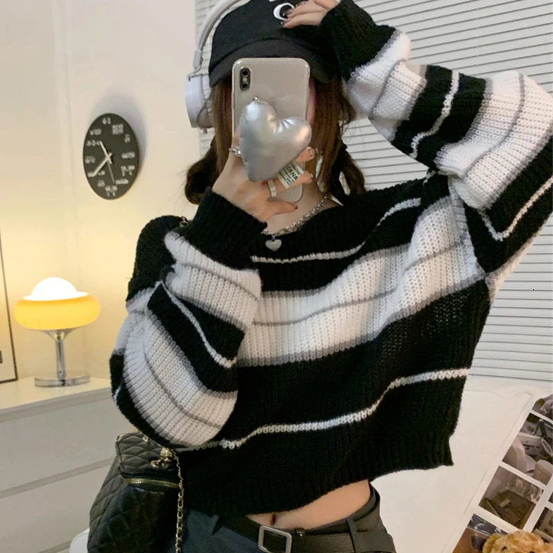 Womens Striped Jumper Vintage Female Autumn Long Sleeve Casual Cropped Sweater 250225