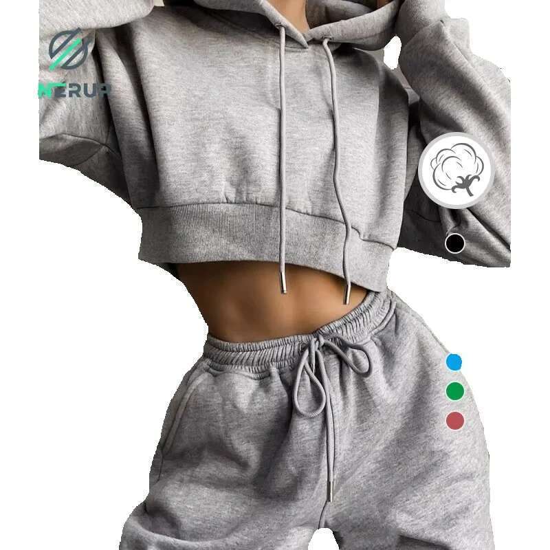 Enerup Custom Women's Cropped Sweatshirts Plain Pullover Girls' Hoodies Set