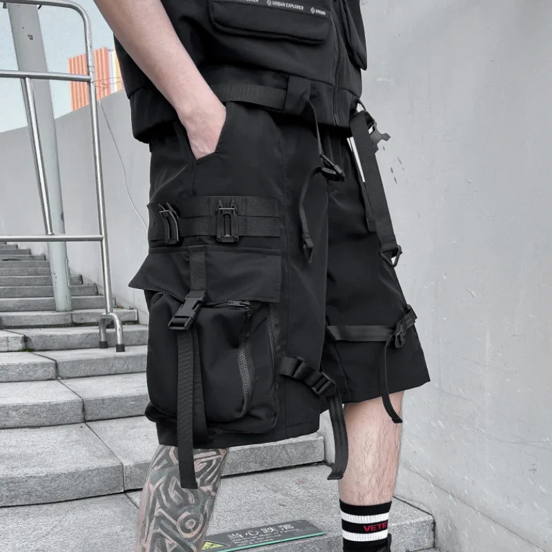 Multi Pockets Street Punk Hip Hop Cargo Shorts Mens Tactical Techwear Knee Length Wide Leg Short Pants 250225