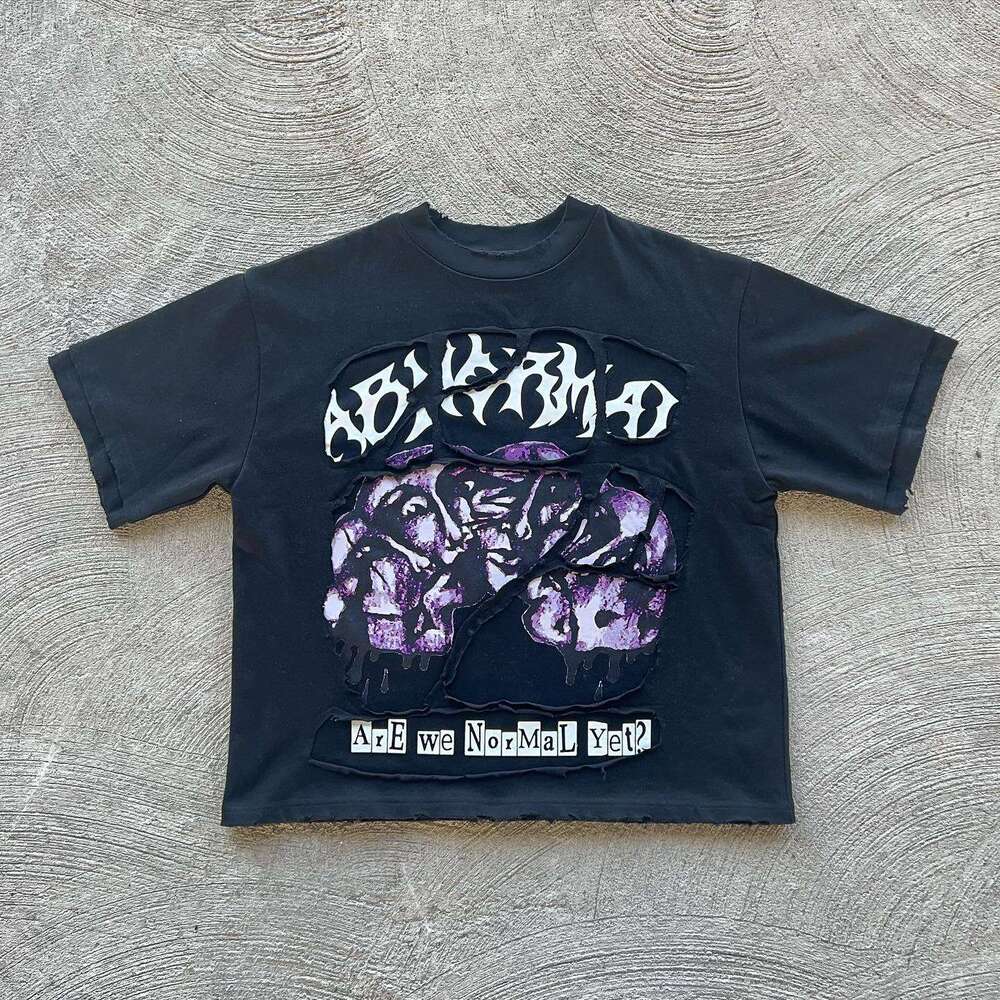 New trendy American street style summer patch embroidered unisex loose dark and funny pattern T-shirt