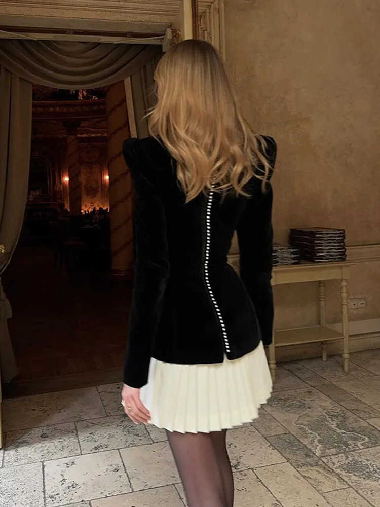 Fashion Contrasting Pleated Hem Midi Dress Elegant Square Neck Shoulder Pad Velvet Short Dresses Fall Lady Evening Party Dress 250226
