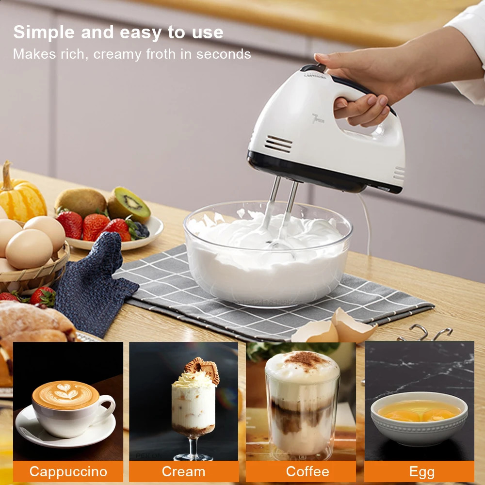 Electric Egg Beater Handheld Food Cake Bread Baking Dough Mixer for Kitchen Cooking 7 Speed Cream White Blender 250228