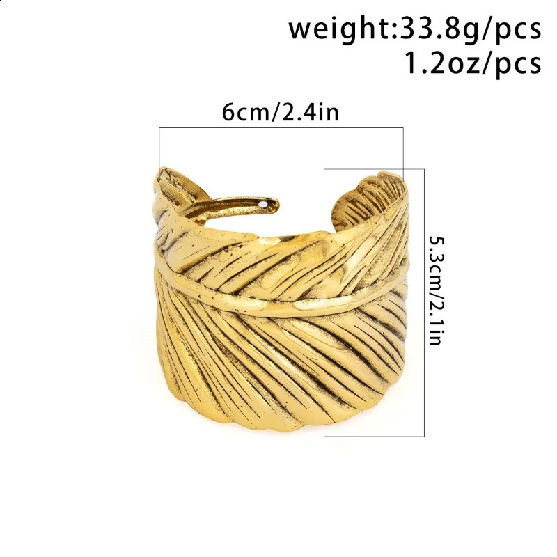 Bracelet Charms Bangle Solid Gold Boho Carved Pattern Open Hand Decorated Metal Wind Feather Wide Women Company 250227