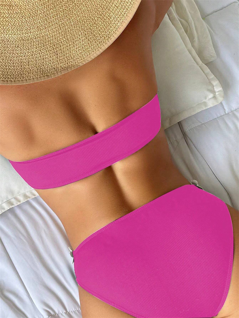 Women's 2 Piece Bikini Sets 3D Floral Appliques Colorblock Sleeveless Strapless High Cut Bandeau Swimsuits