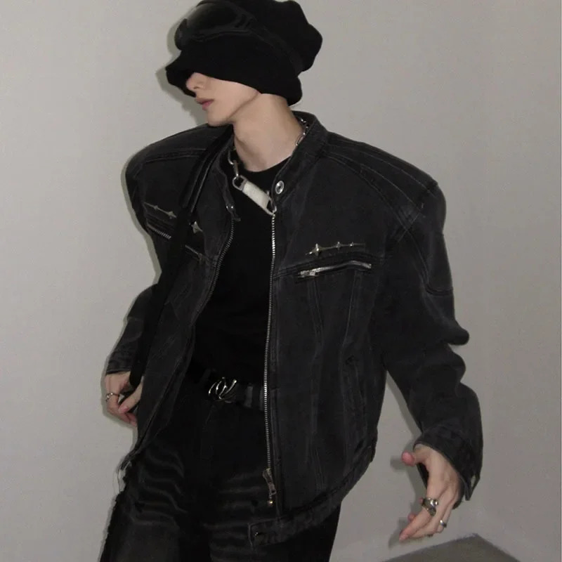 American Vintage Washed Short Denim Jacket Men Autumn Distress Coat Male Tops Fashion High Street Zipper Outwear 250225