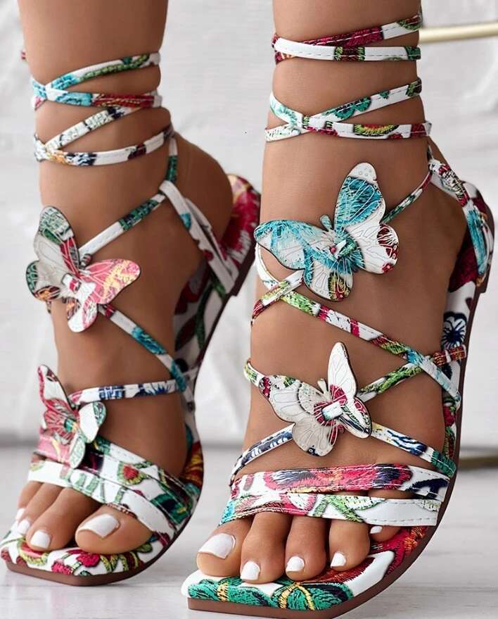 Women's New Fashion Butterfly Pattern Ombre Multi-Strap Casual Lace Up Beach Vacation Flat Sandals