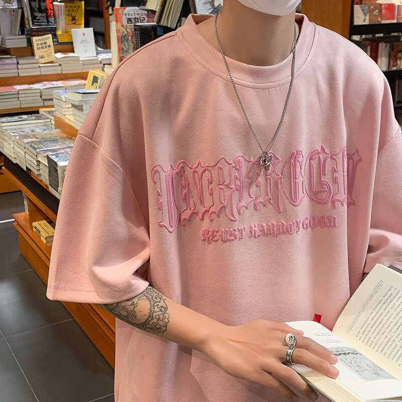 Suede pink short for men in summer, 220g foam high street trendy clothes, casual half sleeved T-shirt