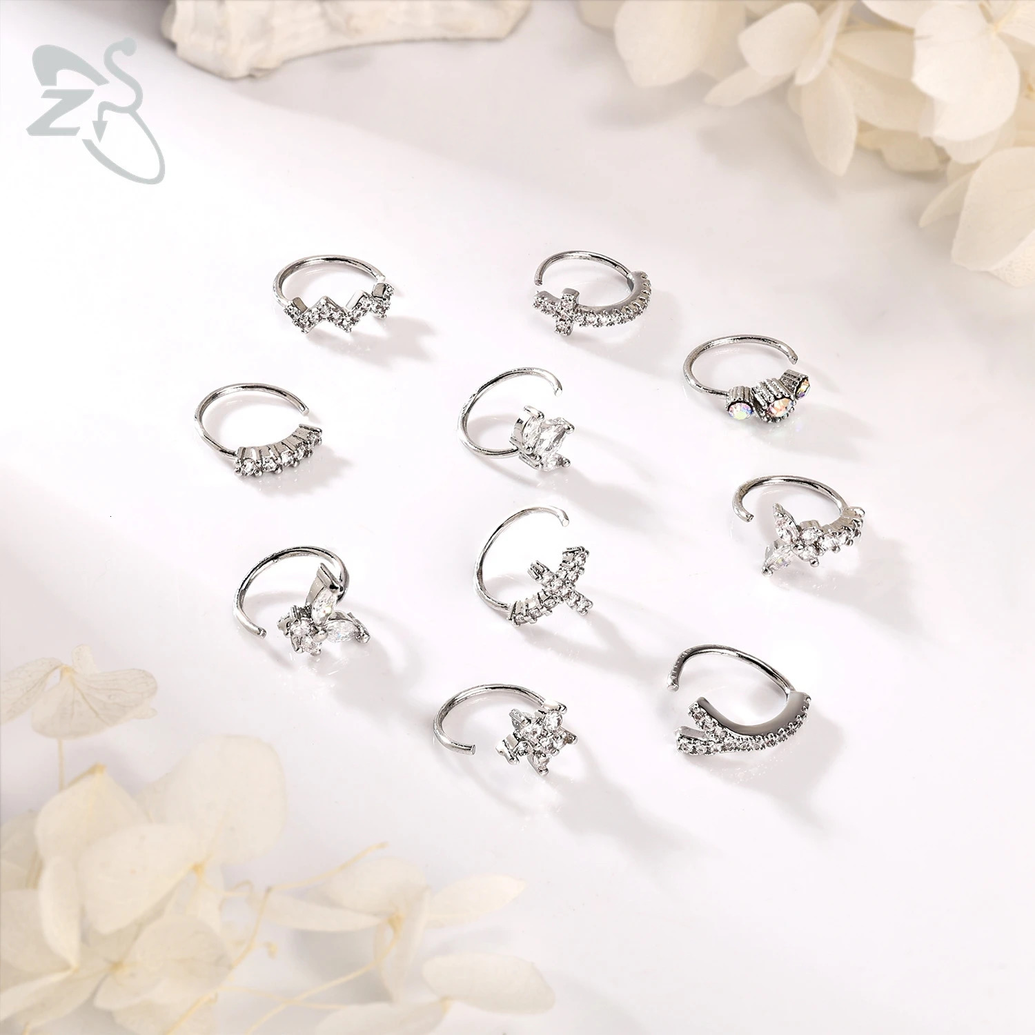 ZS 1 Set CZ Crystal Hoop Nose Ring For Women Girls Butterfly Cross Shape Nostril Piercings Ear Cartilage Helix Piercing Jewelry 250227