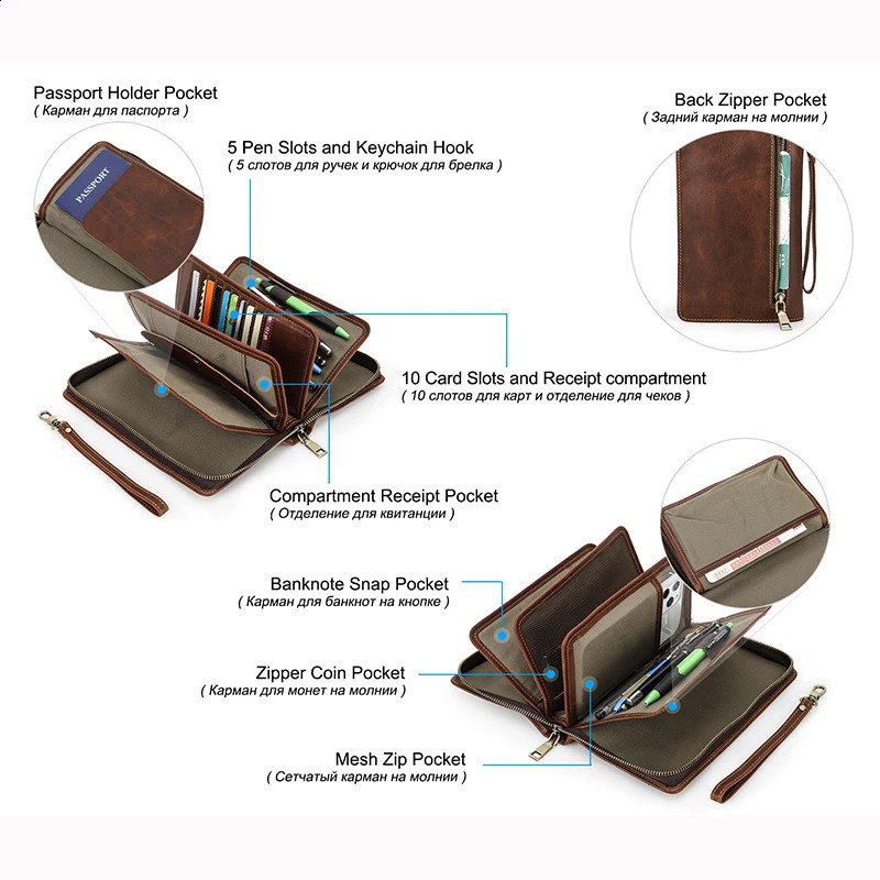 Ship from US CONTACTS Mens Clutch Bag Large Capacity Genuine Leather Male Wallet Zipper Card Purse Document Holder Passport Cover Walet 250228FBB