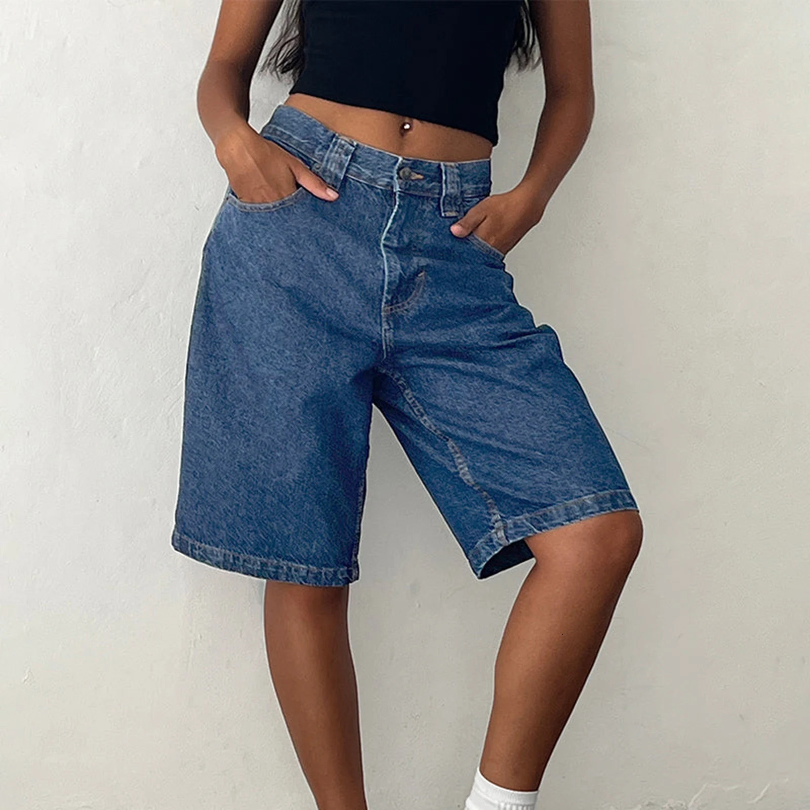 Imcute Women Baggy Denim Bermuda Shorts Y2k Vintage Straight Leg Denim Shorts Casual Knee Length Jean Jorts with Pockets 250227