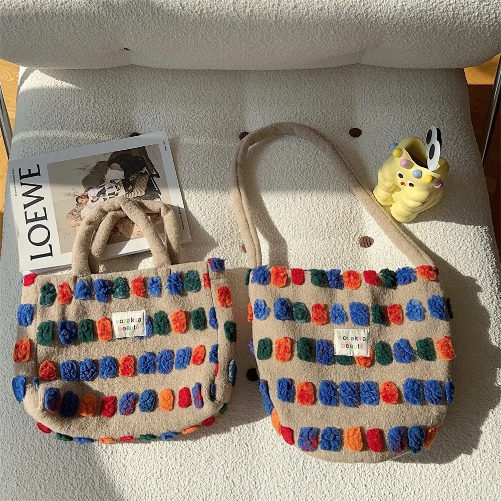 Color Plush Dots Handbags Retro n Female Fluffy Bucket Bags Large Capacity Shoulder Bag Purse Casual Tote 250221