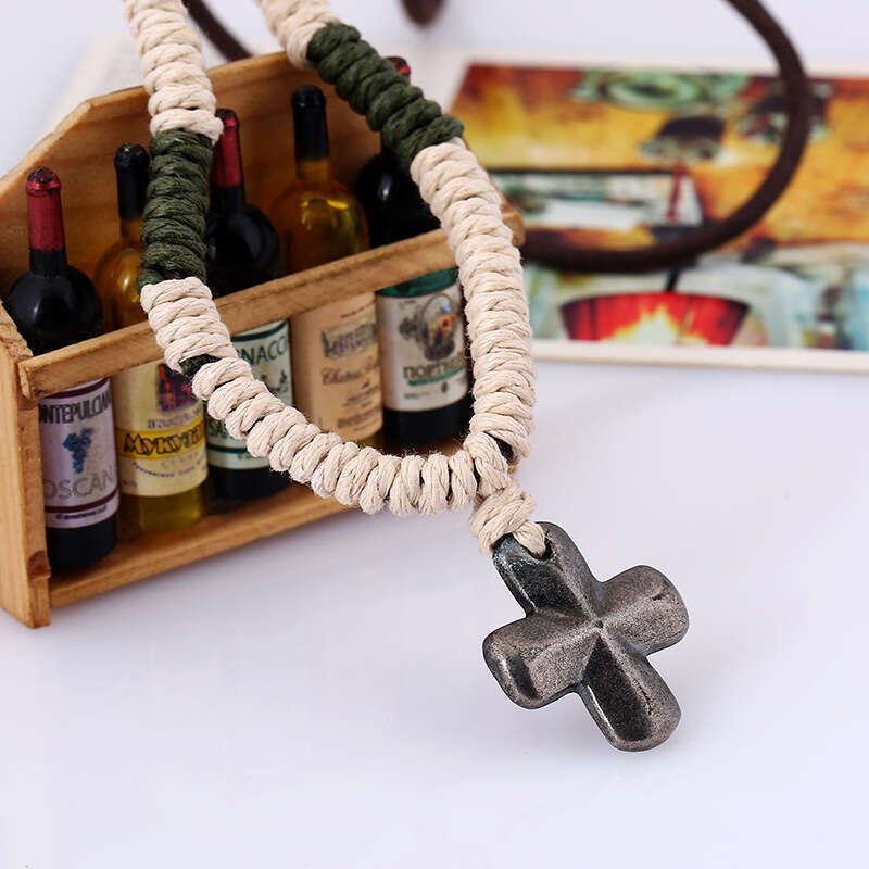 Popular accessories: hemp rope woven alloy cross necklace, punk men's necklace