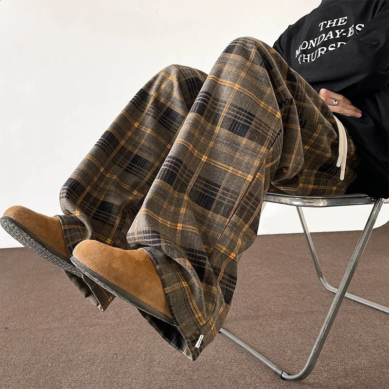 Korean flat bottom pants Harajuku mens autumn wide leg checkered mens oversized casual sports pants Y2k streetwear mens 250225
