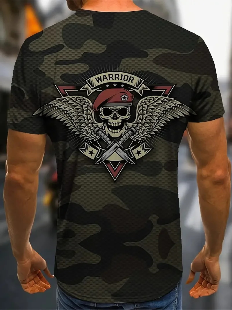 Summer Outdoor Mens T Shirt 3d Skull Warrior Camouflage Print Man Trendy Color Block Short Sleeve Tee Crew Neck TShirt Clothes 250225