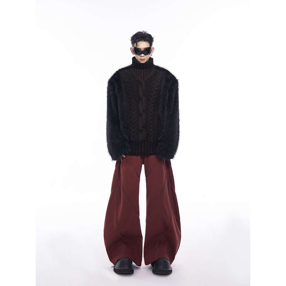 S men's high neck spliced sweater, autumn and winter, thick velvet lining and hand-painted knitted sweater Fur spliced sweater