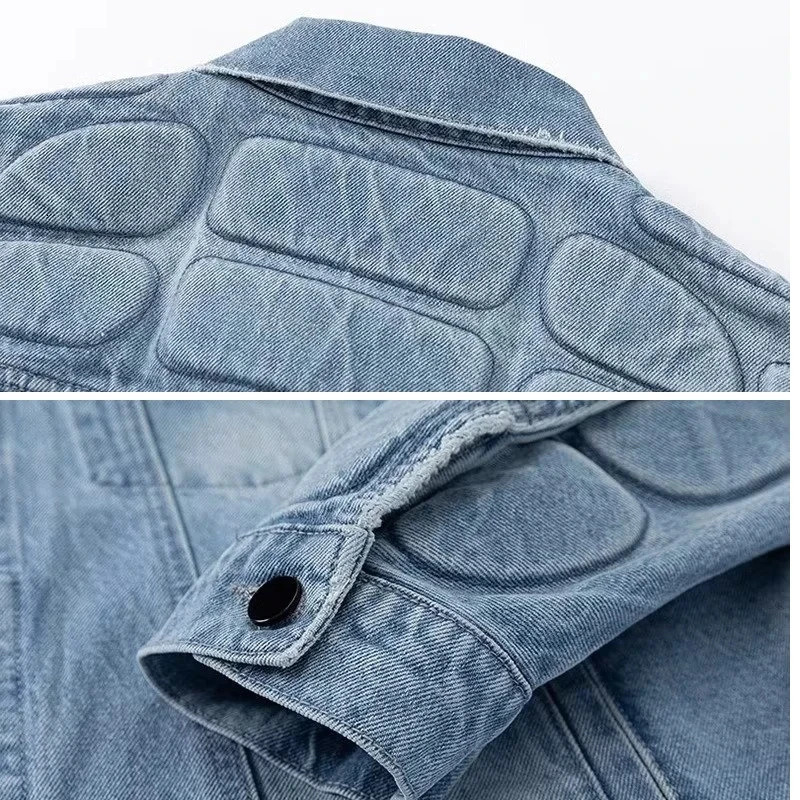 Retro denim jacket mens convertible turtle shell pattern hip-hop bomber jacket high street loose American ripped denim jacket 250225