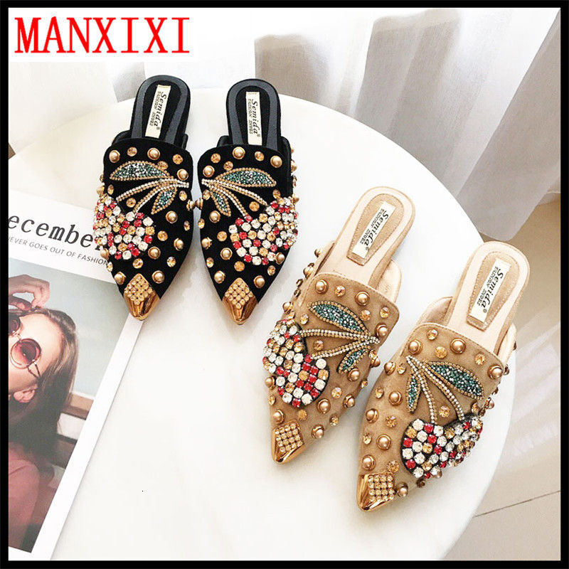 Cherry Rhinestone Pointed Flat Shoes Fashionable Loafers Slippers Beautiful Cherry Pearl Inlaid Flat Sandals For Women Sizes 36-41