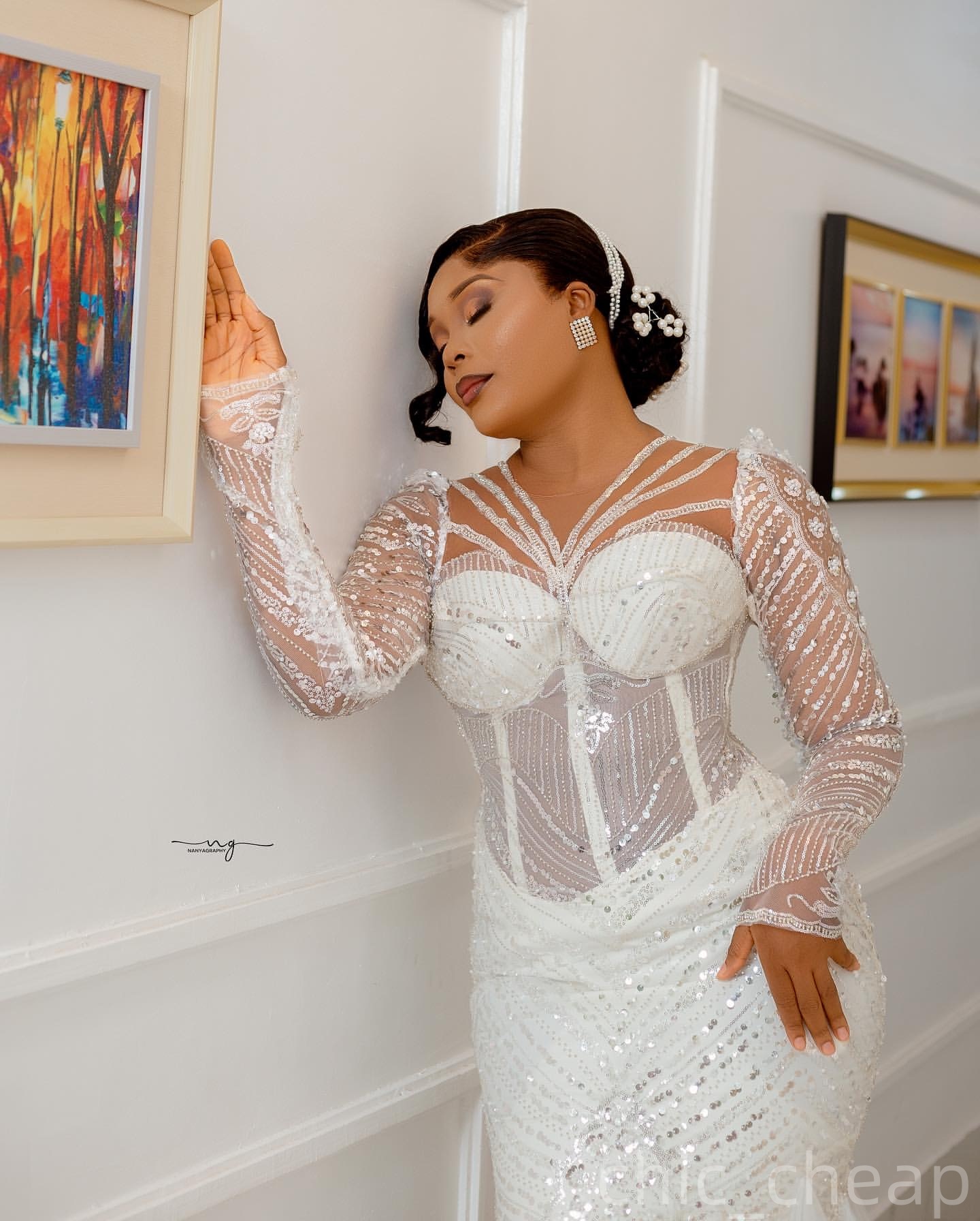 2025 Arabic Aso Ebi Plus Size Ivory Wedding Dress Beaded Sequined Full Sleeves Sheer Neck Bridal Gowns Dresses ZJ057