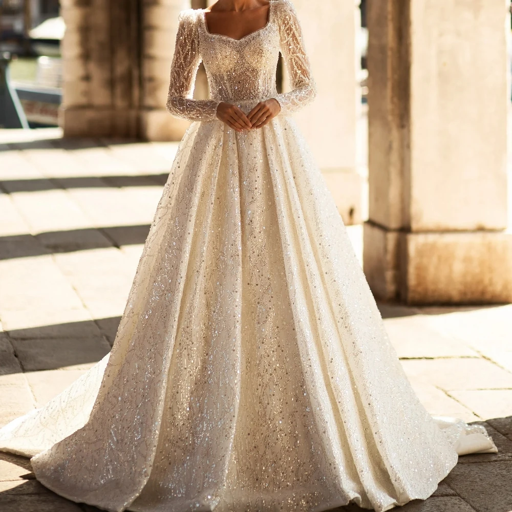 Elegant A e Women Wedding Sweetheart Neck Long Sleeves Bridal Gowns Sequins Lace Sweep Train Dress Custom Made