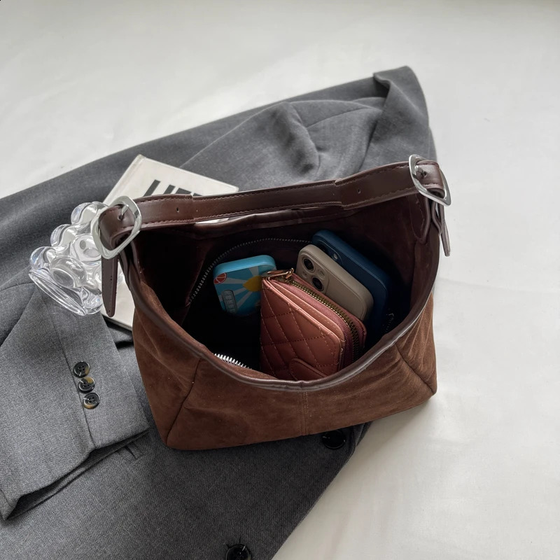 Ship from US Vintage Womens Bag Large Capacity Suede Shoulder Solid Color Simple Casual Retro PU Trendy Hobo Bags Handbags 250227FBB