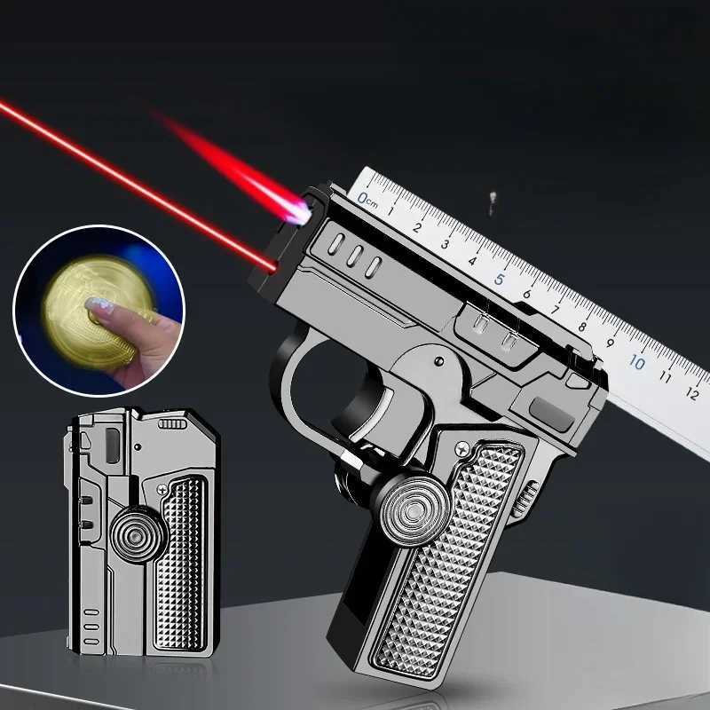 HOT Metal Folding Gun Type Gyroscope Windproof Direct Charge Red Flame Butane Gas Lighter Fun Laser Light Cigar Lighters Smoking Y250228
