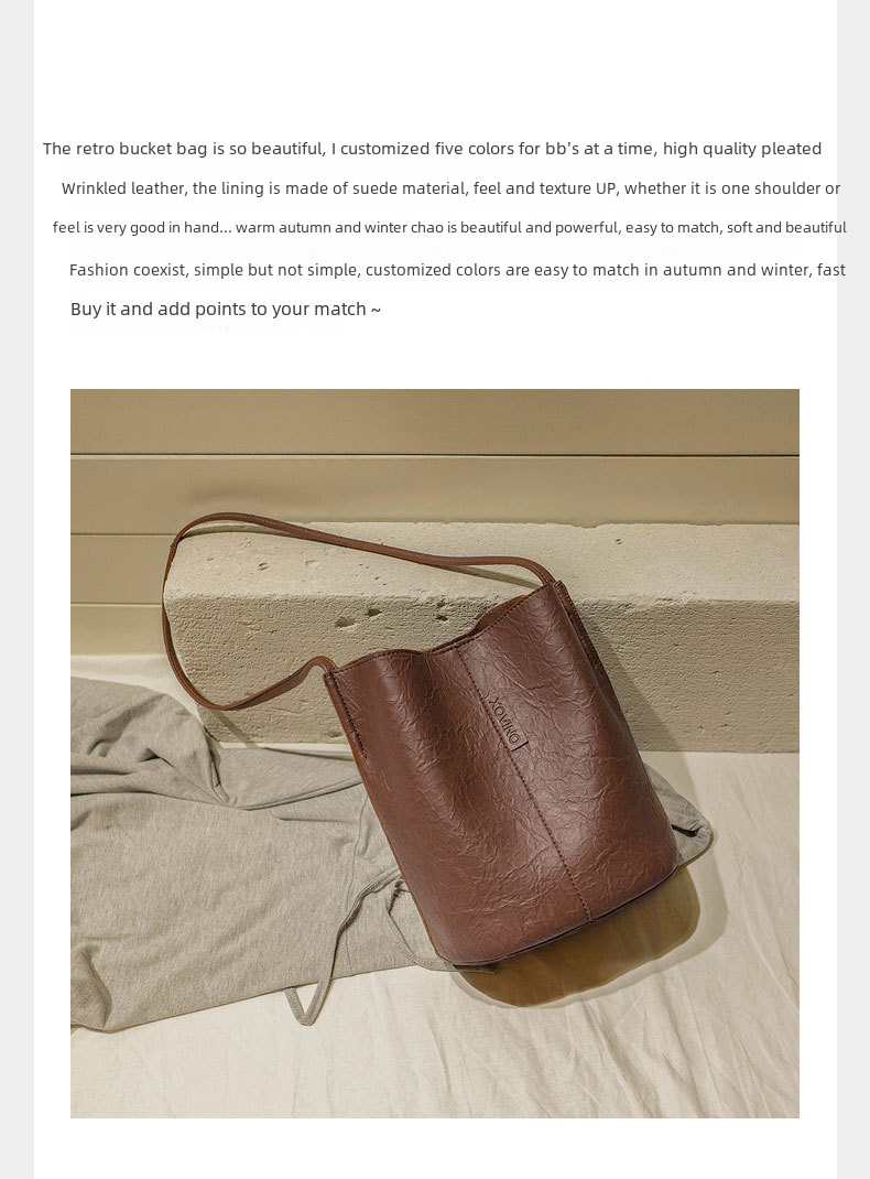 2023 New Vintage Bucket Veet Oil Leather Handbag Crossbody Women's Large Capacity Shopping Bag