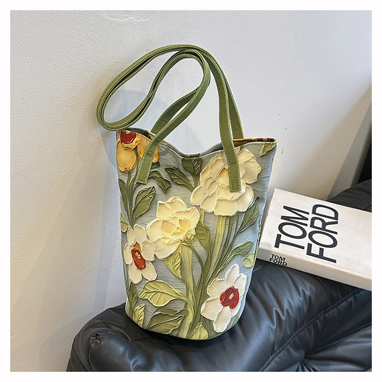 Oil painting flower versatile large capacity high-end shoulder women's three-dimensional bucket bag, summer travel handbag #swissmilitary
