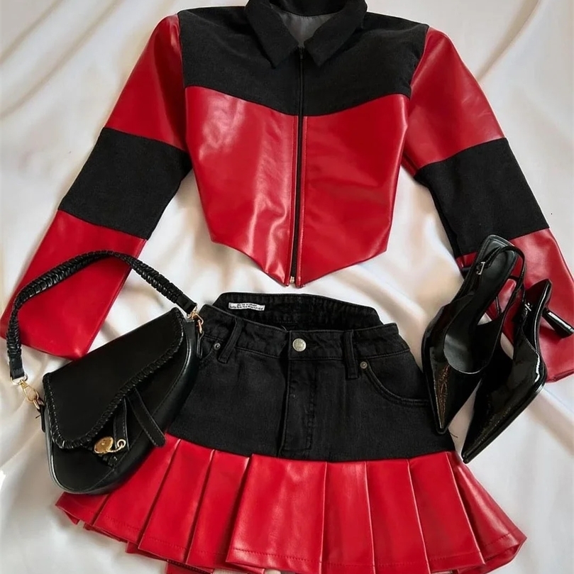 Y2K Gothic Leather Patchwork Denim Two Piece Women Clothes Harajuku Zip Jacket Mini Pleat Skirt Set 250210