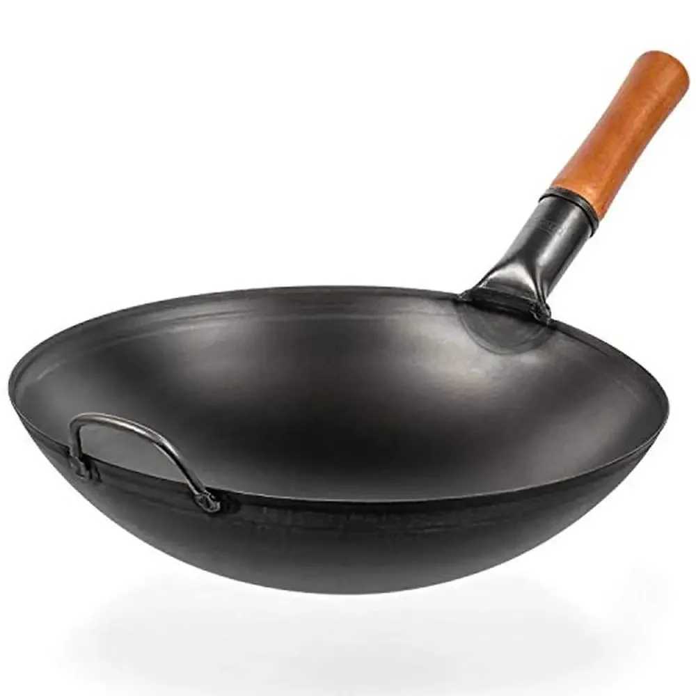 Carbon Steel Wok Pan 14 Round Bottom Traditional Japanese Chinese Stir Fry BBQ Grill Gas Stovetop Compatible Pan Pre-SeasonedC250228