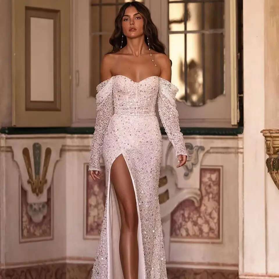 Bg Mermaid Dress Lace Strapless Slit Side Long Sleeve Wedding Dresses Custom