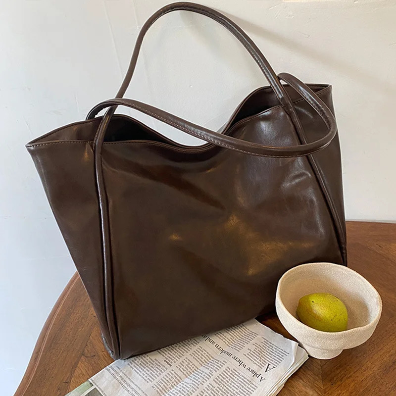 Women Tote Bag Retro Solid Color Underarm Pouch For Student Large Capacity Soft Pu Leather Shoulder Fashion Portable Bucket 250221