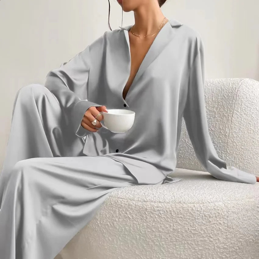 Women Silk Pajamas Lce Silk Loose Low Cut Sexy Single Breasted Long Sleeved Wide Leg Pants Can Be Worn Externally 250226