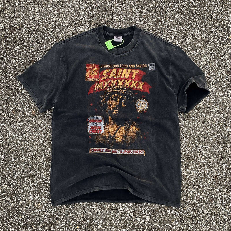 SAINT MICHAEL commemorative high street distressed washed vintage loose men's short sleeved trend