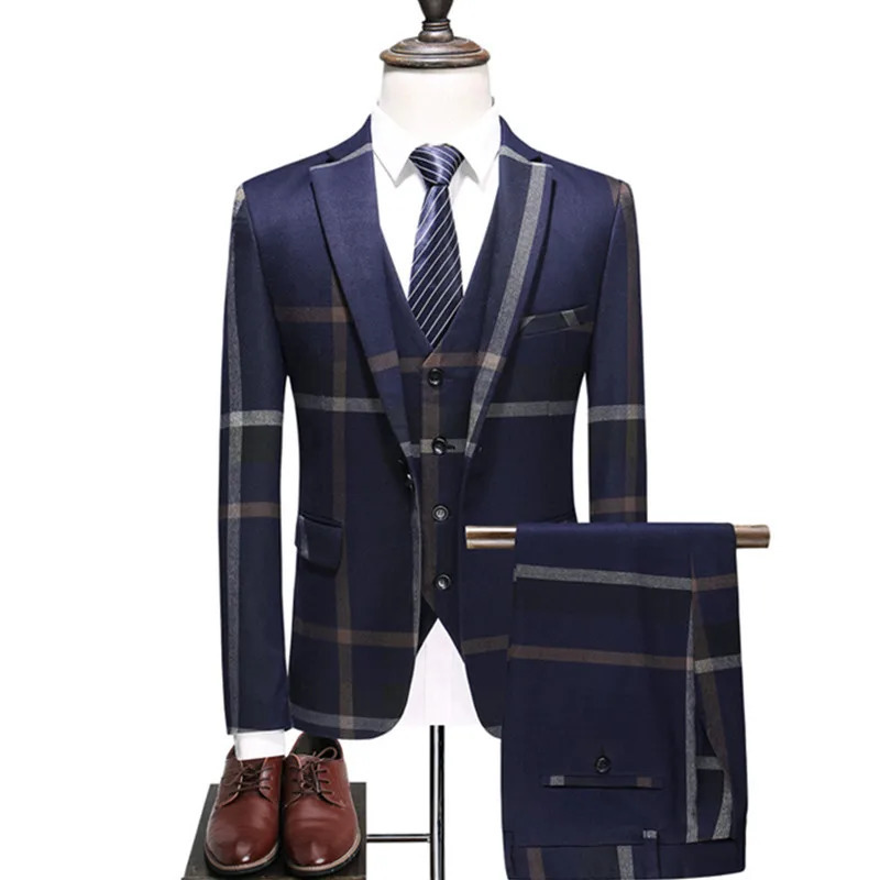 Mens Wedding Plaid Blue Gray Blazers Jacket Pants Vest 3 Pcs Set Slim Fit Business Tuxedo Dress Classic Formal Suits Coat 250224