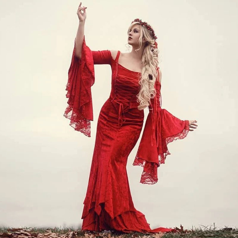 Medieval Gothic Wedding Gowns Red Off Shoulders Long Sleeves victorian fairytale Bridal Dress Romantic Country Wedding Gown