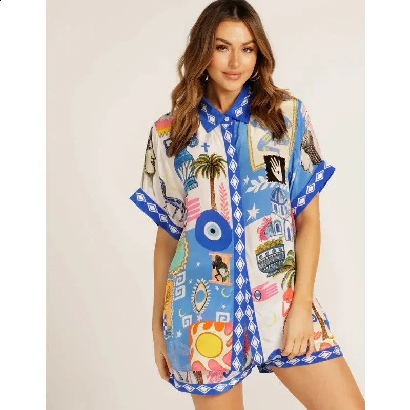 SpringSummer Fashionable Womens Versatile Positioning Printed Cardigan Shirt Shorts Casual Set European and American 250228