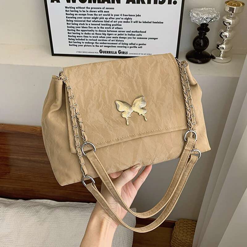 New Ladies Shoulder Fashion Commuter Slanting Cross Women's Bag Girls Hundred Handbag Chain Metal Piece Decoration PU Materi
