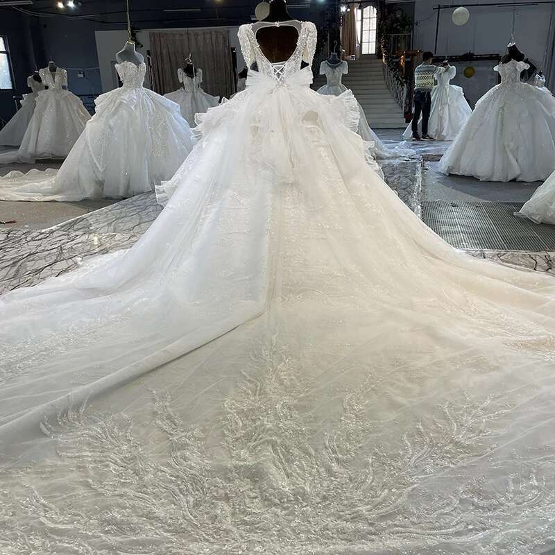 Classic for women bride custom organza short sleeves o-neck wedding dress pearls sequins novia dresses