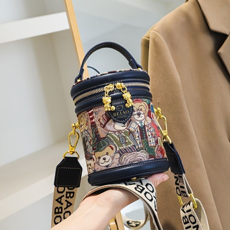 Trendy Bear Pattern Bucket - Mini Double Zipper Crossbody Bag