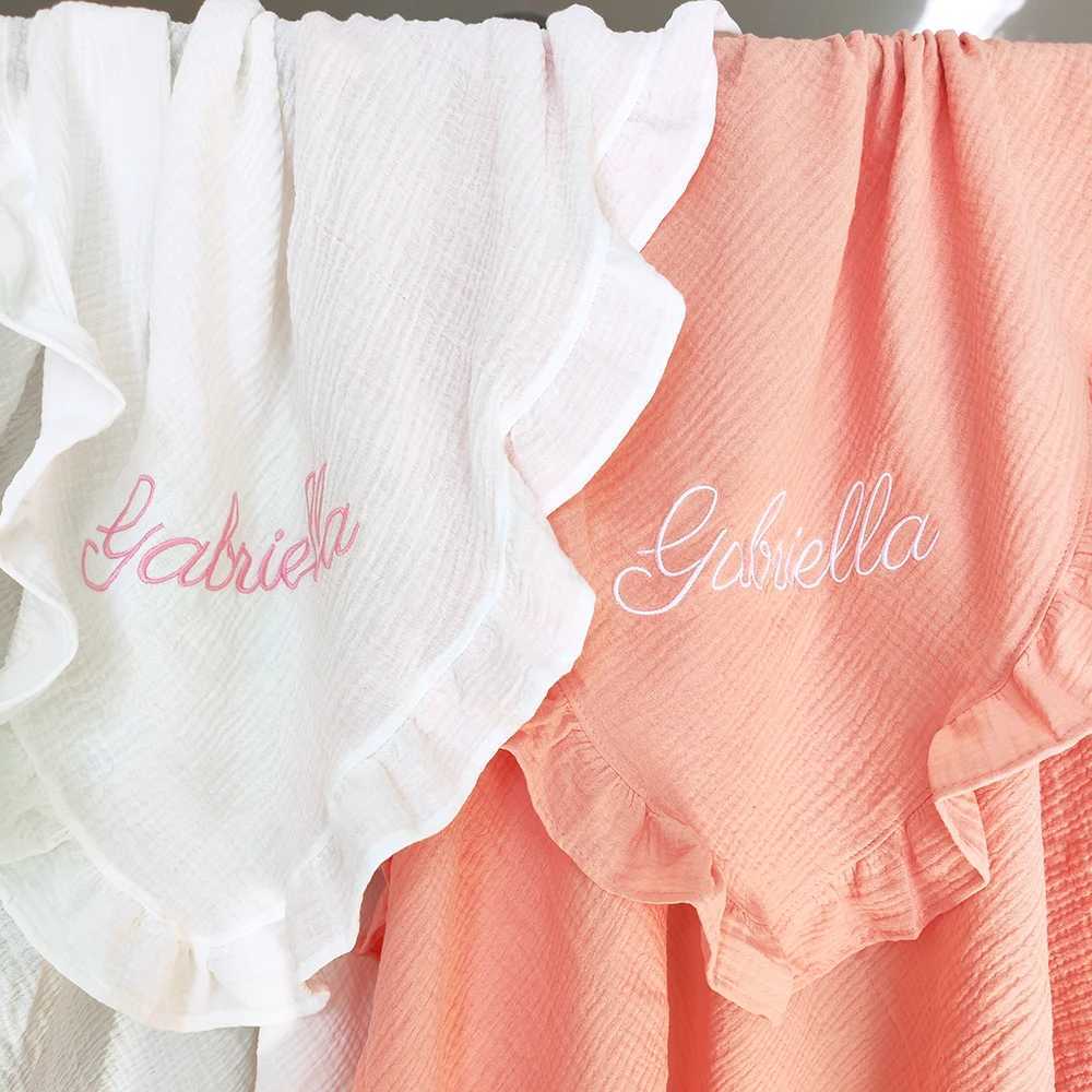 Ruffle Blanket Customize Name Personalized Embroider Baby Blanket Cotton Baby Comforter Cotton Infant Blanket Swaddle Bath Towel Z250228
