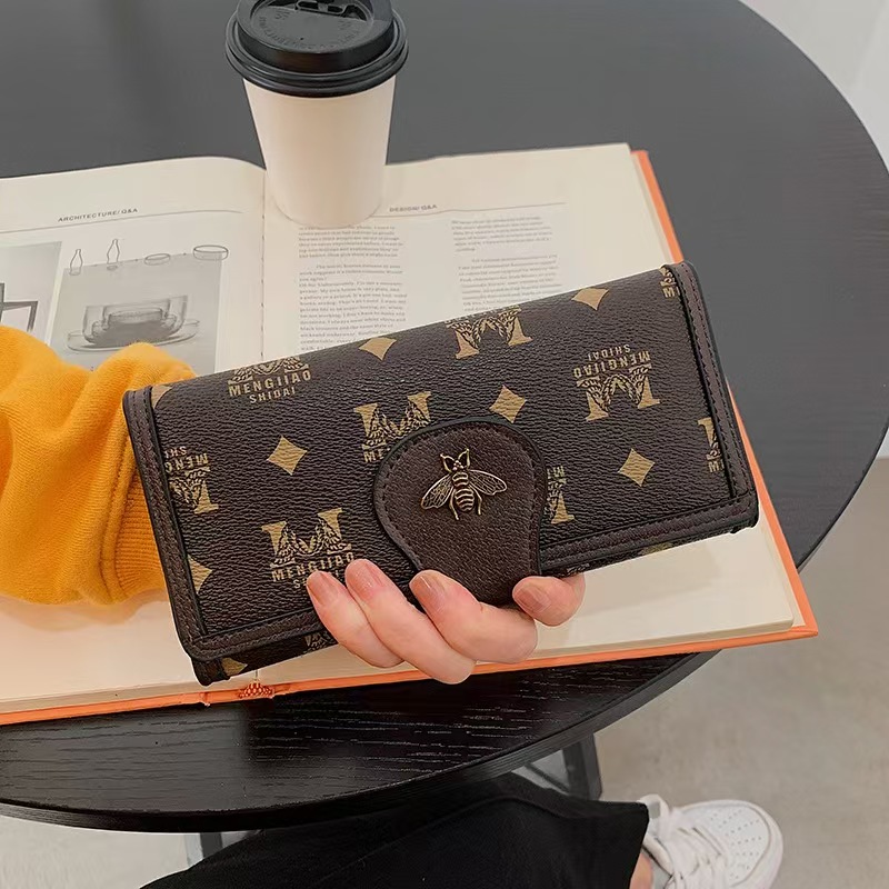 2025 New Women's Buckle Printed Bee Fashion Simple Three fold Large Capacity Handheld Trendy Wallet Designer Multi Card Space Fashion Zero Wallet